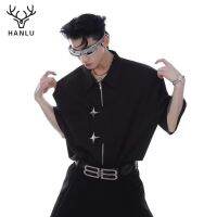 ♦♈✁ HANLU เสื้อเชิ้ตผู้ชาย เยาวชนที่นิยมขี้เกียจแฟชั่นที่เรียบง่ายใหม่สีทึบ ins แขนสั้นคอสี่เหลี่ยมมาตรฐานเสื้อเชิ้ตอินเทรนด์ผู้ชาย