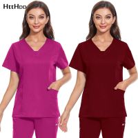 Medicalschool Clothes nursings Uniform nursing Scrubs Tops Solid Color Short Sleeved Dentist Overalls Pocket Blouse Pharmacy Coat