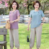 ☸□◄ Mother summer wear cotton and linen suit the new 2022 middle-aged and old womens short sleeve T-shirt top western style leisure two-piece outfit