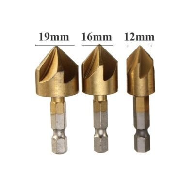 HH-DDPJ3pcs 5 Flute Chamfer Countersink 1/4" Hex Shank Hss Wood Chamfering Cutter Chamfer 12/16/19mm Countersink Drill Bit