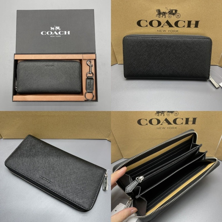 top-100-original-coach-new-mens-wallet-purse-long-wallet-zip-wallet-card-wallet-clutch-fold-over-wallet-with-keychain-mens-business-leisure-long-zipper-wallet-handbag