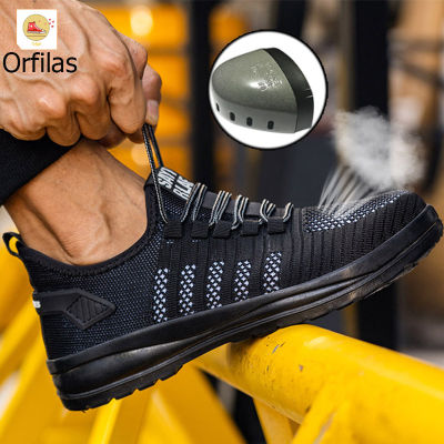 Orfilas 39-46!!รองเท้าเซฟตี้พื้นตาข่าย หัวเหล็ก ระบายอากาศได้ดี พื้นยางกันลื่น หัวเหล็กเสริมแผ่นเหล็ก รองเท้าเซฟตี้ Flyknitting รองเท้าทำงานผู้ชาย