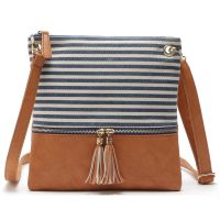 --238812Womens bag▼卐 Foreign trade new female bag stitching PU one shoulder inclined stripe canvas bag Europe and the United States contracted tassel trend small bread