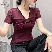 ➧YIMEI เสื้อยืดผ้าตาข่ายคอวีผูกโบว์ฝรั่งเศสสำหรับผู้หญิง,เสื้อยืดเข้ารูปพอดีแฟชั่นฤดูร้อน2023