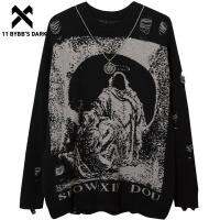 11 BYBBS DARK Harajuku Dark God พิมพ์ Ripped Hole โซ่ถักเสื้อกันหนาว Streetwear Gothic Oversize หลวมเสื้อกันหนาว Top