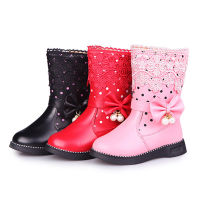 Girls High Boots Fashion Fur Shoes With Girls Children Lace Pearl Lace Fashion Boots Botas Femininas Rubber Boots Winter Boots