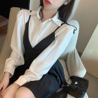 Casual Long Sleeve White Shirts Women Wild Lapel Blouse Tops High Waist Sling Pleated Dress Mini Fashion Sexy Preppy Style