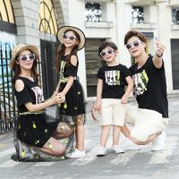 【YF】 Summer Family Set Mother Daughter Black Mesh Dresses Father Son Cotton T shirt Shorts  Look Parent-Child Couple Sets