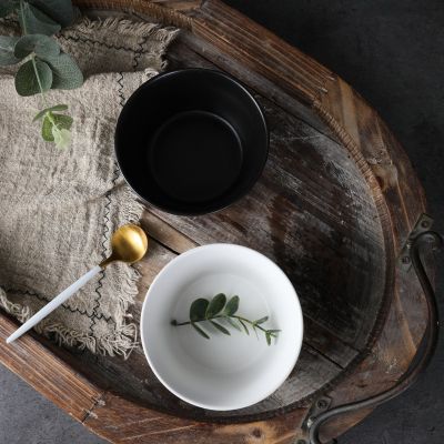 Flat-bottom ceramic small bowl round matte black and white blue powder simple rice bowl student breakfast bowl 4.5-inch