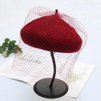 New Beret Female French Hat Plaid Wool Beret With Veil For Wedding Party Tweed Mesh Cap