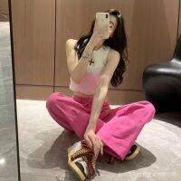 Influencer Same Style 2022 Summer New Rose Red Slim-Fit Straight Mopping Pants Cross Patch High Waist Wide Leg