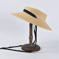 HOT★Womens Summer Holiday Sunscreen Straw Hat With Black Ribbon French Retro Shallow Straw Hat With Large Brim Jazz Sun Hat