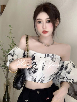 HengShanYuan เสื้อแขนสั้นพัฟไหล่เดียวสำหรับผู้หญิง,เสื้อเปิดไหล่เสื้อแขนสั้นเปิดไหล่ดีไซน์เล็ก Cewek Seksi