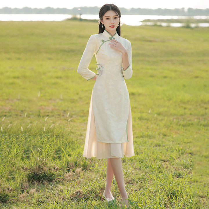 ปรับปรุง-cheongsam-2022แขนยาว-aodai-หนุ่มอารมณ์ระดับไฮเอนด์ชาเสื้อผ้าชาศิลปินเสื้อผ้าผู้หญิง