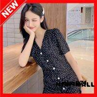 NEW MALL The New Korean Version Of The Short-Sleeved Mid-Length V-Neck Temperament Waist And Thin Polka Dot A-Line Dress