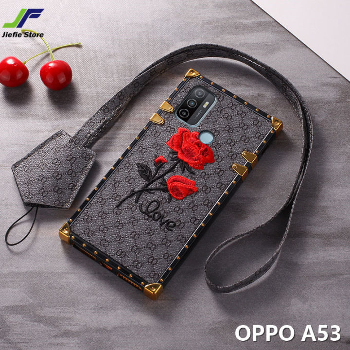 เคสโทรศัพท์ภาพดอกไม้กุหลาบ-jiefie-สำหรับ-oppo-a53-a91เคสใส่โทรศัพท์สี่เหลี่ยมปักลายพร้อมสายคล้อง