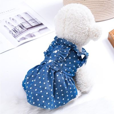 Summer Denim Skirt Dog Clothes Ruffled High Waist Dress Polka Dot Print Skirt Fashion Denim Jacket For Pomeranian Bichon Teddy Dresses