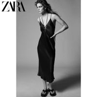 2022Zara ใหม่ชุดฤดูใบไม้ผลิเซ็กซี่สีดำซาตินเนื้อ MIDI Condole เข็มขัดชุด4437322 800