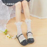 HiGuangGou HIANNECY ดั้งเดิมสีดำสีขาว JK Calf Lolita ถุงเท้าลูกไม้น่ารักของเด็กผู้หญิงนักเรียนถุงเท้าโบว์ฤดูร้อนถุงเท้าผ้าไหมบางเฉียบ