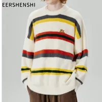 EERSHENSHI เสื้อกันหนาวคอกะลาสีลายทางย้อนยุคของผู้ชายเสื้อกันหนาวถักแบบสวมคู่สไตล์ Preppy