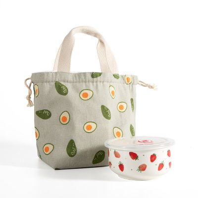 1Pc ECO Avocado Pattern Drawstring Linen Bento Lunch Box Tote Bag Food Storage Package
