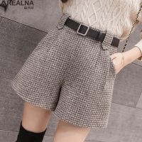 Fashion tweed woolen shorts women 2020 autumn winter high waist belted elegant shorts all-match ladies slim plaid short feminino