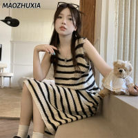 MAOZHUXIA Contrast Stripe คอกลมแขนกุดชุดลำลองตรงกระโปรงกึ่งสั้นกึ่งยาว