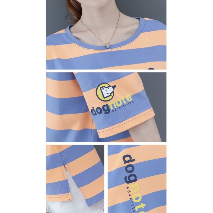 yui-พร้อมส่งจ้า-เสื้อยืดคอกลม-ลายทางแนวๆสาวเกาหลี-สีสันสดใส-สกีนอักษร-9022