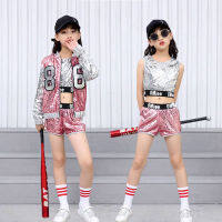 สาวเลื่อม Hip Hop Street Dance สั้นเด็ก3ชิ้นชุดเด็ก Cool Jazz Jacket Tank Top ชุดวัยรุ่นเครื่องแต่งกายเสื้อผ้า Streetwear