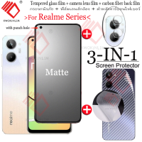 (3 In 1) ฟิล์มกระจกสำหรับ Realme OPPO 10/Realme 9 Pro Realme OPPO 9 8 7 6 5 Pro /Realme 9 8 7 6 5 /9i 8i 7i 6i 5i คลุมทั้งหมดเคลือบกระจกเทมเปอร์กระจกเทมเปอร์ฟิล์มปกป้องหน้าจอฟิล์มกระจกกล้องถ่ายรูปด้านหลัง + ฟิล์มเลนส์กล้อง + ฟิล์มหลังคาร์บอนไฟเบอร์3D