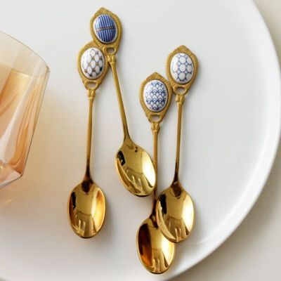 Stainless Steel Tea Spoon Creative Coffee Spoon Ice Cream Dessert Spoon With Ceramic Long Handle Gold-plated Kitchen Tableware Serving Utensils