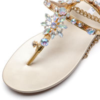 Womens Flats Sandals Gold Bling Rhinestone Bohemia Shoe T-strap Thong Flip Flops Comfortable Low Heel Slippers Sandals Shoes