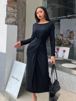 Summer Autumn Casual New Fashion Womens High Waist Korea High Waist Bow Sexy Fold Full Sleeve Dress Dresses Maxi E144