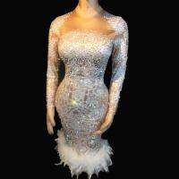 【YD】 Sparkly stones Feather Stretch Nightclub Bar Wear Evening Costume Prom Birthday Dresses