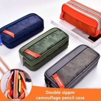 Double zipper camouflage canvas pencil case Boys pencil bag School stationery bag Student pen case School supplies storage bags Pencil Cases Boxes