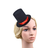 Women Girls Gothic Red Sequin Black Mini Top Hat Hair Clip Base DIY Craft Accessories Wedding Party Birthday Cosplay