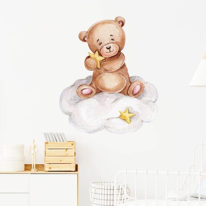 24-home-accessories-การ์ตูนหมีราตรีสวัสดิ์เด็กสติ๊กเกอร์ติดผนังห้องเด็กห้องนอนเด็กสติ๊กเกอร์ติดผนังเมฆดวงจันทร์ตกแต่งบ้านเนอสเซอรี่วอลล์เปเปอร์