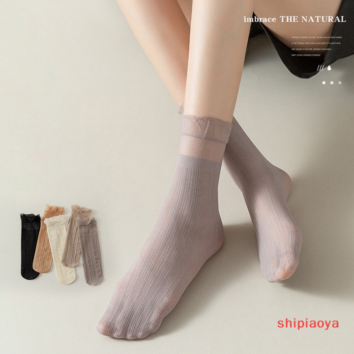 shipiaoya-ถุงเท้ากำมะหยี่โปร่งใสบาง-ถุงเท้าจีบลูกไม้มีระบายถุงเท้าผู้หญิง