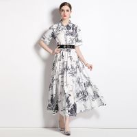 Women Dress Spot Real  Elegant Short Sleeve  Vintage Printed Maxi Dress