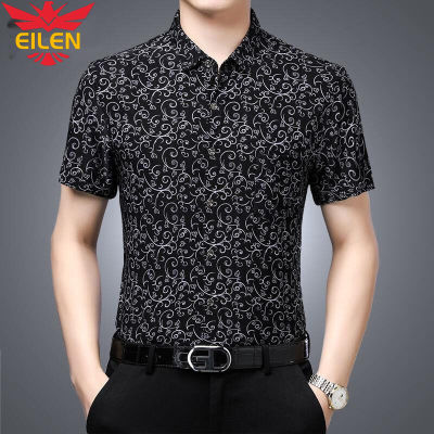 EILEN เสื้อเสื้อแขนสั้นผ้าไหมน้ำแข็งของผู้ชาย,เสื้อทรงหลวมคุณภาพสูงเสื้อแขนสั้นกันรอยยับที่ไม่ใช่เหล็กสำหรับฤดูร้อน