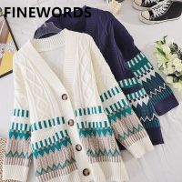 FINEWORDS Casual Knitted Christmas Cardigan Long Sleeve Korean Autumn Winter Ins Popular Sweater Coat Retro Print Harajuku Tops