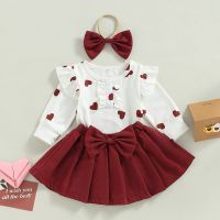 Toddler Baby Girls Valentines Day Jumpsuits Set Heart Print Long Sleeves Romper and Pleated Skirt Headband Casual Outfit  by Hs2023