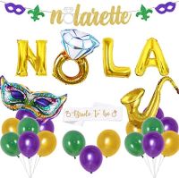 JOYMEMO Mardi Gras Bachelorette Party Decorations - Mardi Gras Carnival Decorations With NOLArette Balloon Banner Mask Saxophone ลูกโป่งฟอยล์สำหรับ New Orleans Bachelorette Bridal Shower Engagement Party