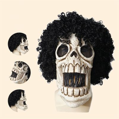 Creepy Halloween Full Head Skull Mask With Hair Adult Realistic Latex Helmet Anime Brook Cosplay Scary Skeleton Masks