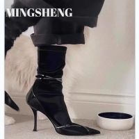 Mingsheng รองเท้าบู้ทผ้ายืดทรงผอม,Sepatu BOOT Pendek รองเท้าส้นสูงหัวแหลมสีดำใส่ได้หลายโอกาส