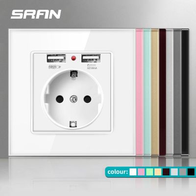 SRAN EU Power Socket Socket With Usb Charging Port 2.1A 16A Crystal Glass Panel Russia Spain Wall Electric Sockets Outlet