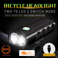 ไฟหน้าจักรยาน BX2 Bicycle Light LED T6 ชาร์จUSB กันน้ำIPX5 1,000Lumens หลอดไฟT6 2ดวง ปรับไฟได้ 3 ระดับ ตัวไฟ Aluminum Alloy คุณภาพดี ราคาถูก