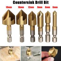 6Pcs 5ขลุ่ย Hss Countersink Gerudi Chamfer Bit 1/4 Hex Shank Titanium Bersalut Kayu Teras Dril Bit Kuasa Aksesori Alat