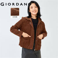 GIORDANO Women Jackets Big Pockets 100% Cotton Corduroy Jackets Windproof Zip Front Solid Color Casual Hooded Jackets 13372782