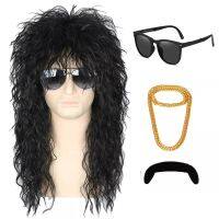 Black Long Curly Mens Punk Halloween Party Cosplay Wig 80s Disco Synthetic Wig (Sunglasses Beard Gold Chain) 4 Piece Set Wig  Hair Extensions Pads